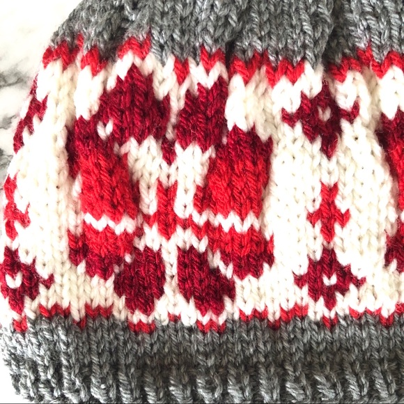 Fair Isle knit beanie in cranberry, red & grey - Picture 3 of 4